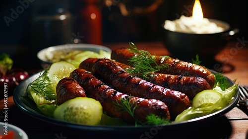Super delicious plated dish of steaming merguez sausages, with sliced cabbage and pickles on the side, served in a plate. Generative Ai.