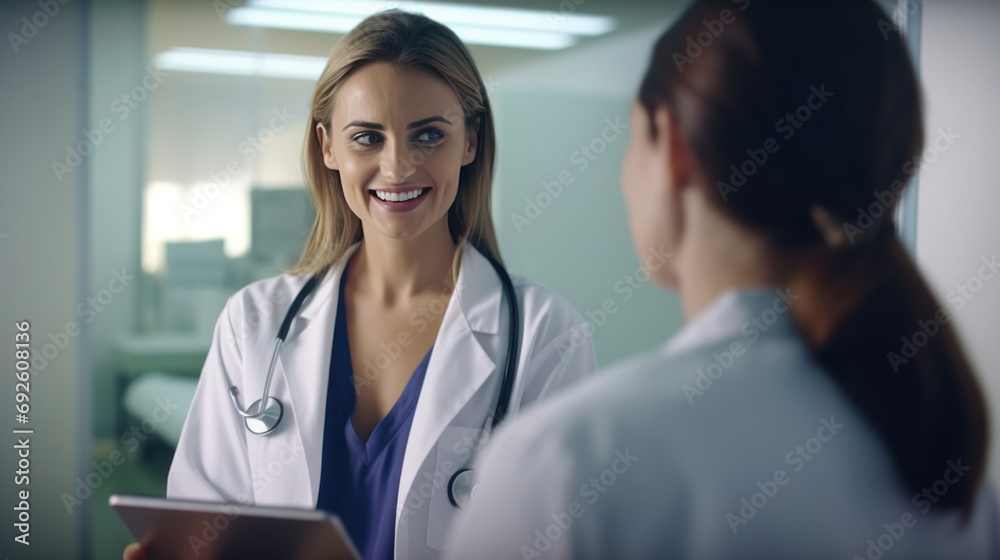 Medicine, healthcare and people concept - female doctor with tablet pc computer talking to smiling woman patient at hospital. Generative Ai. Medicine, healthcare and people concept - female doctor with tablet pc computer talking to smiling woman patient at hospital. Generative Ai.