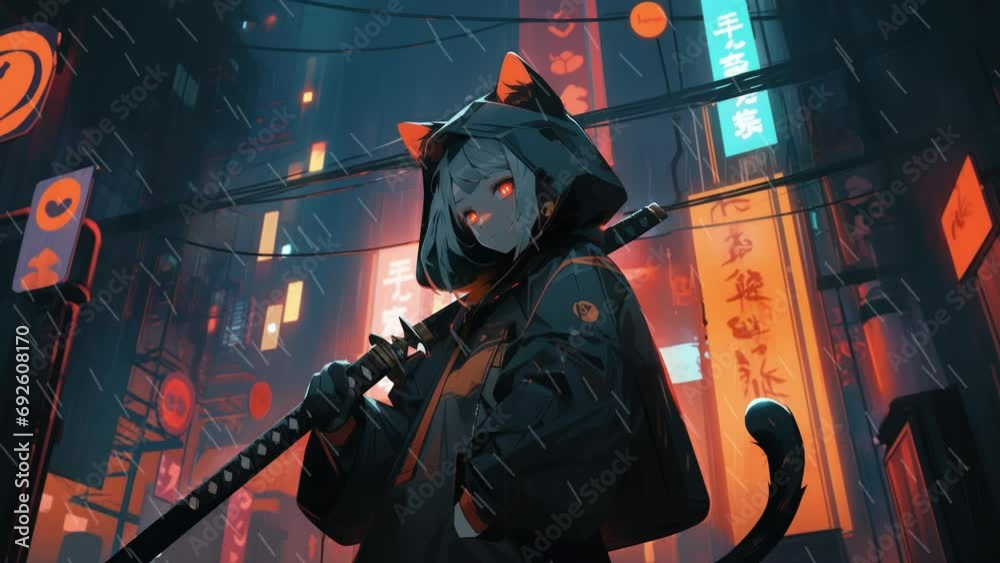 Anime girl with cat ears holding Katana on the street of cyberpunk city ...
