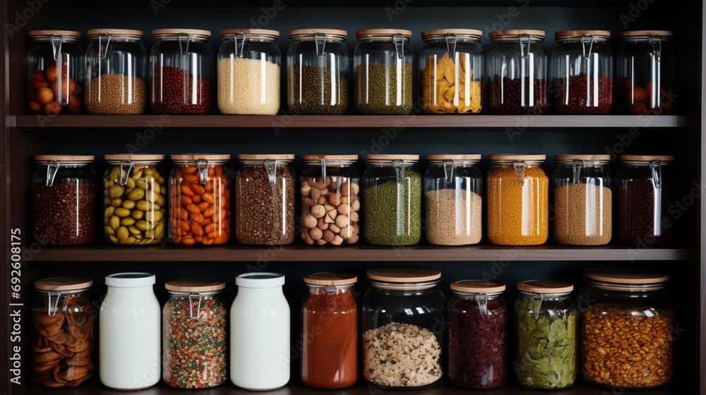 a set of neatly organized containers in a pantry, showcasing the importance of storage solutions for a well-maintained home, captured in high definition