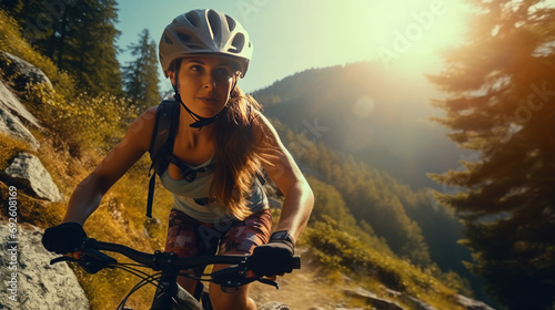 Mountain biking woman riding on bike in summer mountains forest landscape, generative ai.