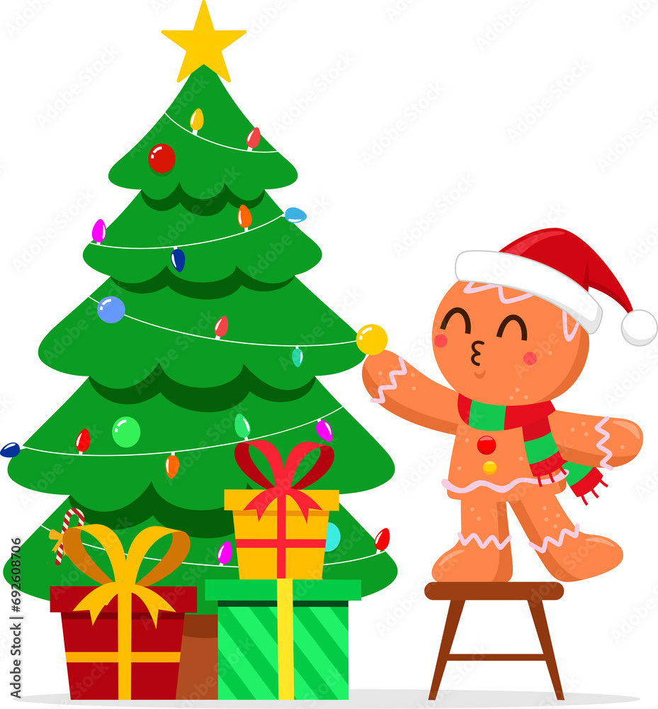 Cute Christmas Gingerbread Man Cartoon Character Decorate The Christmas Tree. Illustration Isolated On Transparent Background
