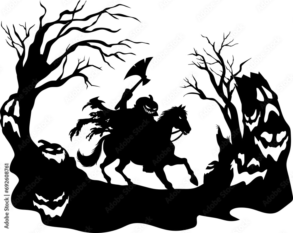 Headless Horseman Silhouette Running Axe And Jack's Lantern Pumpkin Head. Illustration Isolated On Transparent Background - obrazy, fototapety, plakaty 