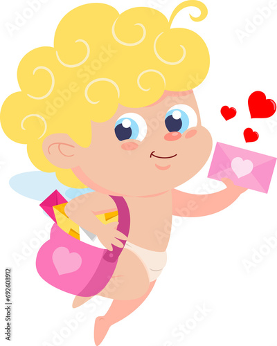 Cute Cupid Angel Cartoon Character Delivering Love Letter. Illustration Isolated On Transparent Background