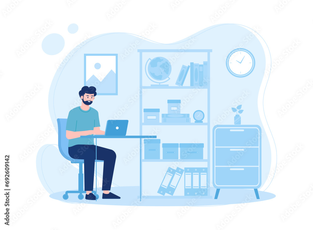 a man in a workspace sitting in a chair with a computer concept flat illustration a man in a workspace sitting in a chair with a computer concept flat illustration