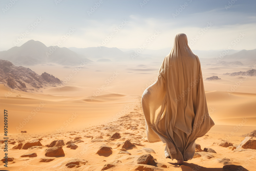A Muslim pilgrim wearing hajj clothes in the Arabian desert of Arafah, seen from behind, A Muslim pilgrim wearing hajj clothes in the Arabian desert of Arafah, seen from behind,