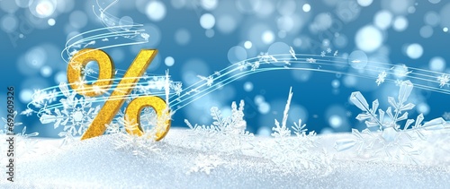 3D illustration. Winterschlussverkauf WSV, Prozentzeichen aus Gold im Schnee mit Schneekristallen photo