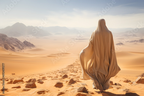A Muslim pilgrim wearing hajj clothes in the Arabian desert of Arafah, seen from behind,