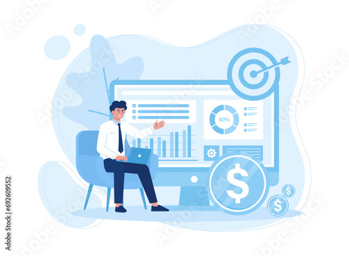 a man with modern financial services. laptop to invest in companies concept flat illustration