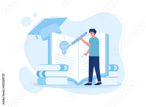 a man writing his thoughts in a book concept flat illustration