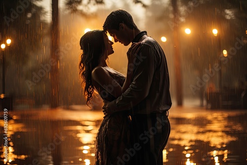 Atmospheric shot of a couple dancing in the rain, symbolizing the romantic and carefree nature of true love