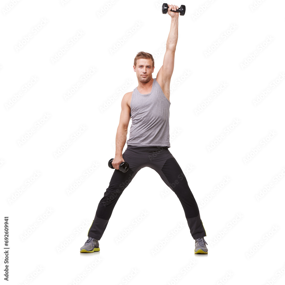 Cardio, white background or portrait of man with dumbbells in strength exercise or workout for wellness. Mockup space, studio or healthy athlete in weight training for strong biceps muscle or body Cardio, white background or portrait of man with dumbbells in strength exercise or workout for wellness. Mockup space, studio or healthy athlete in weight training for strong biceps muscle or body
