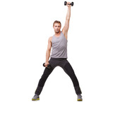 Cardio, white background or portrait of man with dumbbells in strength exercise or workout for wellness. Mockup space, studio or healthy athlete in weight training for strong biceps muscle or body