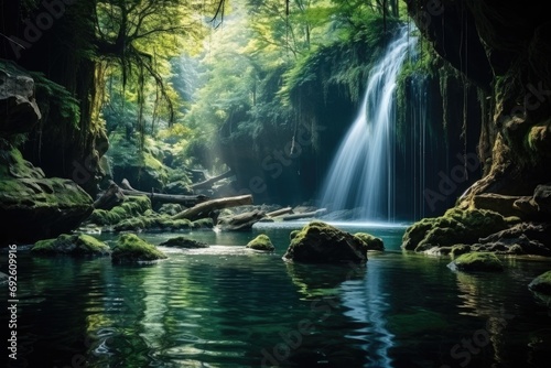Awe-inspiring panorama of a hidden waterfall in a remote forest  untouched natural beauty