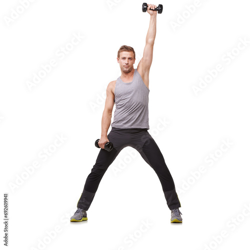 Cardio, white background or portrait of man with dumbbells in strength exercise or workout for wellness. Mockup space, studio or healthy athlete in weight training for strong biceps muscle or body