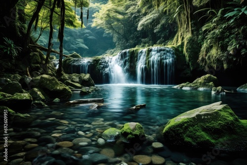 Awe-inspiring panorama of a hidden waterfall in a remote forest  untouched natural beauty