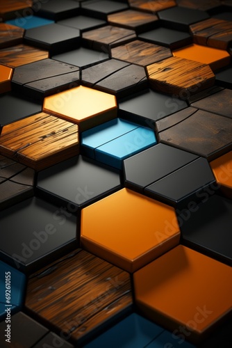 3d rendering of abstract geometric shapes in black orange and blue hexagonal shapes © Ali