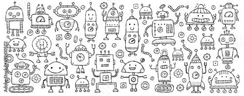 Funny robots characters. Childish style, Art poster for your design