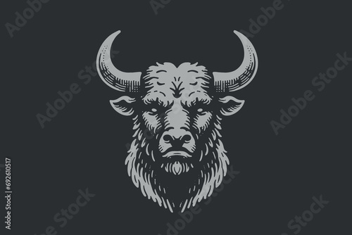 Head of a minotaur, calf, bull. Fierce and beautiful. Engraving vector illustration, logo, icon. Taurus. On a dark background photo