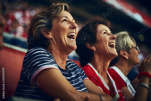 Elderly Women Celebrating in Stadium with USA-Colored Jerseys