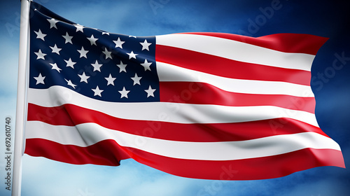 USA flag. Starry striped flag of the United States of America. Flag US on black background. US state symbols. Banner flutters in the wind. 3d image