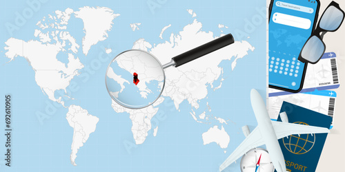 Albania is magnified over a World Map, illustration with airplane, passport, boarding pass, compass and eyeglasses.