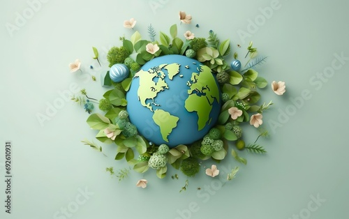 Happy Earth day poster with globe, grass, fresh flowers, plants on green background. Clay sphere. Wild nature 3d render cut out illustration. Eco friendly minimalistic concept. AI Generative