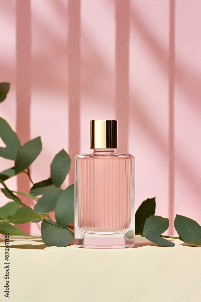 Transparent bottle of perfume on a pink background. elegant bottle of women's perfume or spray Transparent bottle of perfume on a pink background. elegant bottle of women's perfume or spray