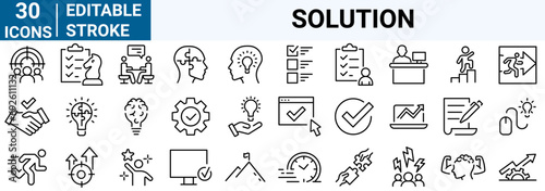 set of 30 line web icons Solution. Options, alternative, success, result, resolve, team. Editable stroke.