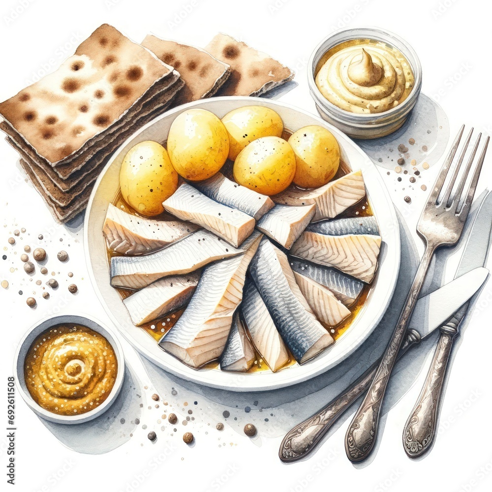 Illustrazione Stock Watercolor painting of Rakfisk, a traditional ...