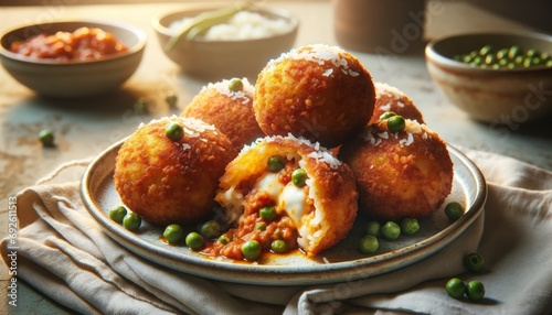 Photographic image of Arancini, Sicilian rice balls, presented on a plate, showcasing their crispy exterior and filling with ragù, mozzarella, and peas
 photo