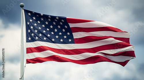 USA flag. Starry striped flag of the United States of America. Flag US on black background. US state symbols. Banner flutters in the wind. 3d image