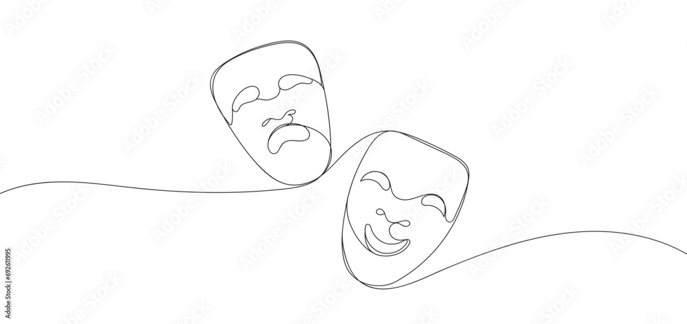 Theater mask tragedy and humor one line continuous line art. Character mask sketch. Smiling face and crying face outline vector illustration isolated on white background Theater mask tragedy and humor one line continuous line art. Character mask sketch. Smiling face and crying face outline vector illustration isolated on white background