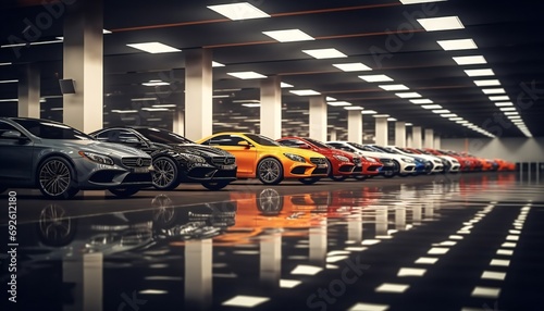 Cars line up. cars at new car showroom. Luxury modern cars for sale. New cars in the showroom