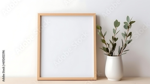Minimalist interior empty frame mock up on white background, eucalyptus and wooden decoration. Generative Ai © mahaart