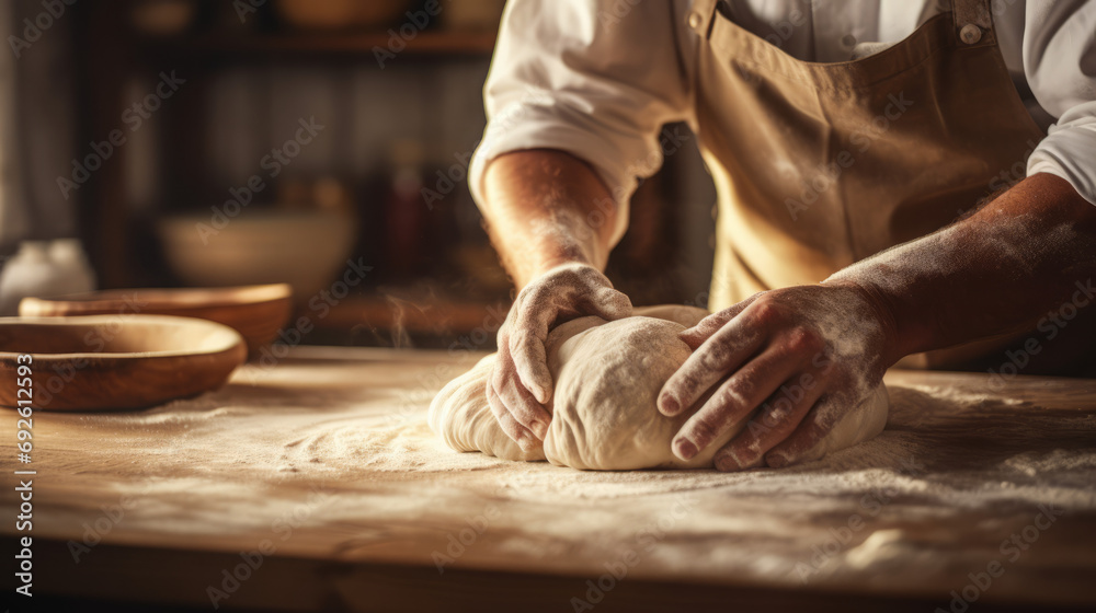 Artisan Baker Kneading Dough on Rustic Wooden Table