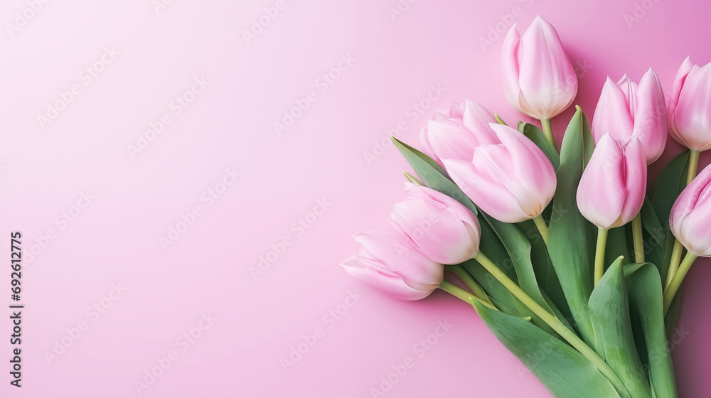 Banner with a bouquet of pink tulips on a pastel pink background and space for text