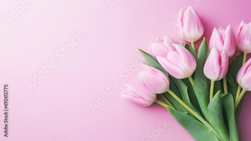 Banner with a bouquet of pink tulips on a pastel pink background and space for text © Kate Simon
