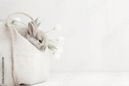 white cotton bag white a rabbit Easter bunny and white flowres photo