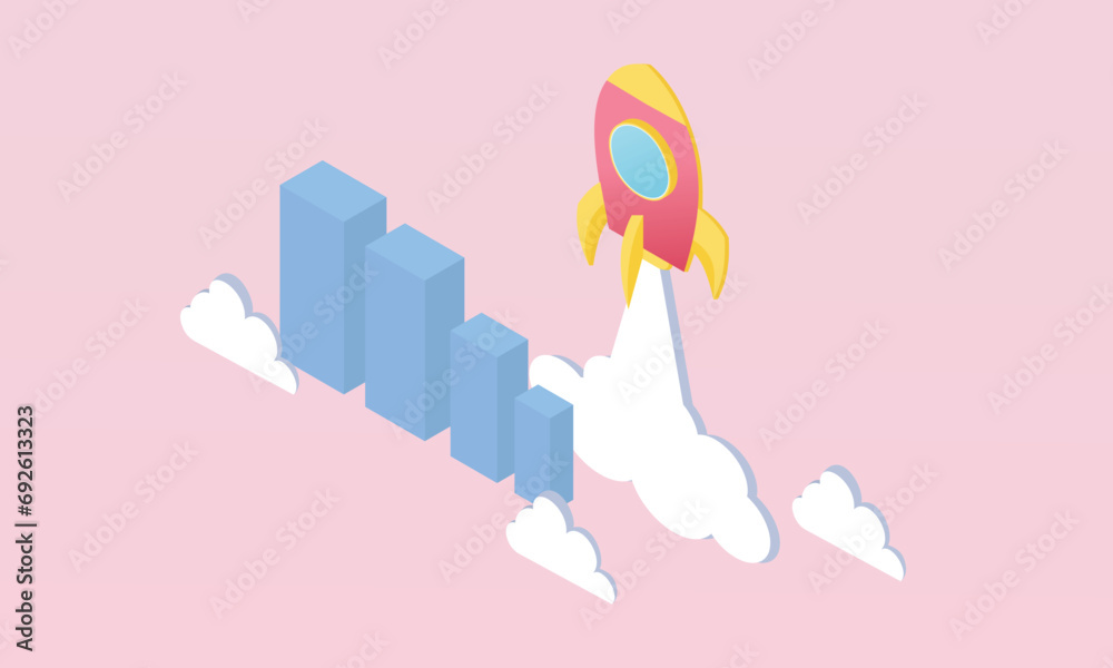 3D Rocket launch above bar chart, growing income, startup business, Business target achievement concept .on pastel background.3d handmade.3d goal for business, bank, finance, investment, money. 3D Rocket launch above bar chart, growing income, startup business, Business target achievement concept .on pastel background.3d handmade.3d goal for business, bank, finance, investment, money.