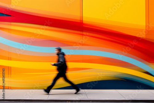 A man runs hurriedly in waves of colors. colorful, dynamic, surreal.