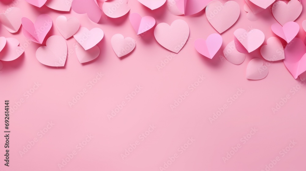 Valentine's day backdrop with pink paper hearts. Romantic celebration and decoration.