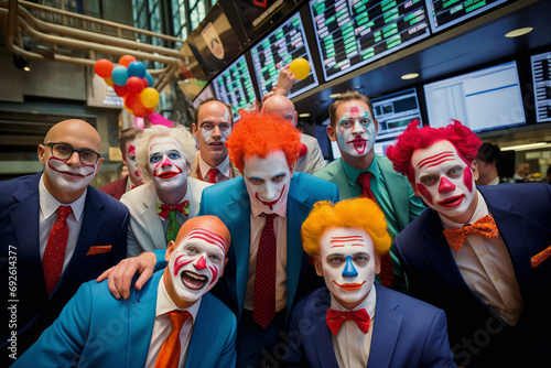 Wall street analysts dressed as clowns at the stock exchange photo