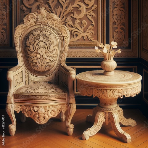 Highlight the beauty of your design project with this image capturing the artful combination of a chair and table featuring intricate ivory inlay.