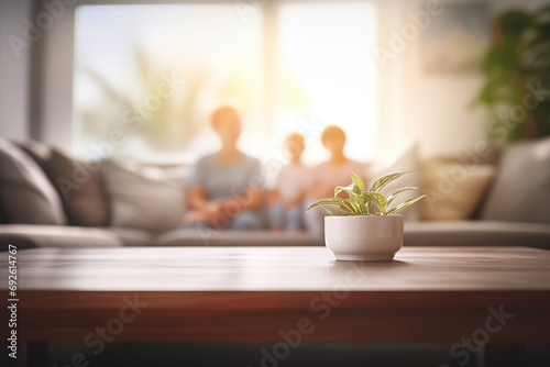 A blurred happy family on a comfortable sofa in their bright and cozy living room, enjoying some quality time together