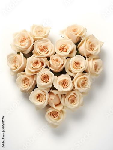 Bouquet of beige Roses shaping a Heart on a white Background. Romantic Template with Copy Space © drdigitaldesign
