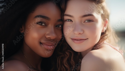 Diverse beautiful girls in love or best friends embracing each other with tenderness and hugging closely on sunny day outdoors
