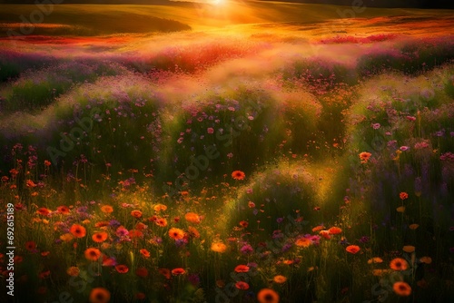 A symphony of colors in a meadow as far as the eye can see, bathed in the warmth of a summer morning.
