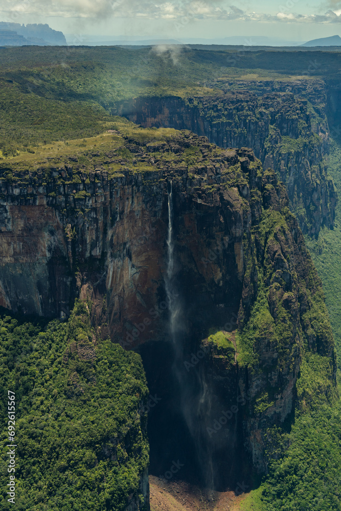 View of the Angel Falls (Salto Angel) is worlds highest waterfalls (978 m) on a sunny day - Venezuela, Latin America
