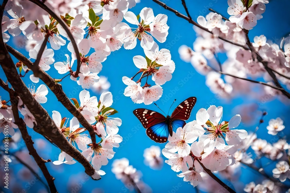 Cherry blossoms in full bloom with a striking bright blue morpho butterfly perched delicately, all under the clear blue sky. Cherry blossoms in full bloom with a striking bright blue morpho butterfly perched delicately, all under the clear blue sky.